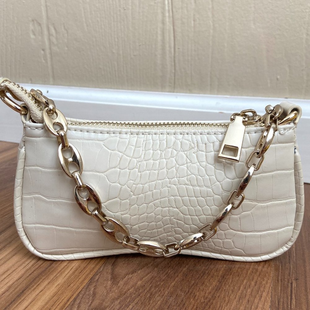 Bellini Faux Leather Croc Embossed Cream Micro Mini Bag Chain Handle